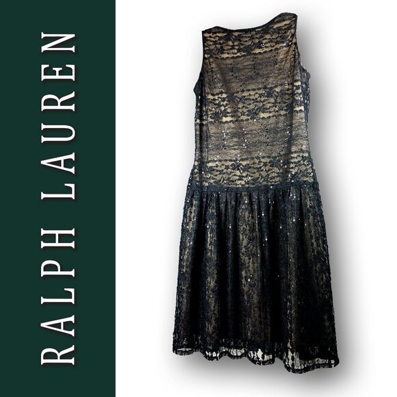 LAUREN Ralph Lauren black lace sparkly sequin  above the knee lined dress 10 - Picture 1 of 7